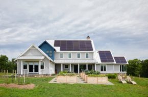 Exterior of Cold Brook Farm in Hunterdon County showcases solar panels on roof