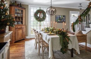 A dining room, decorated for Christmas, in Mendham Township