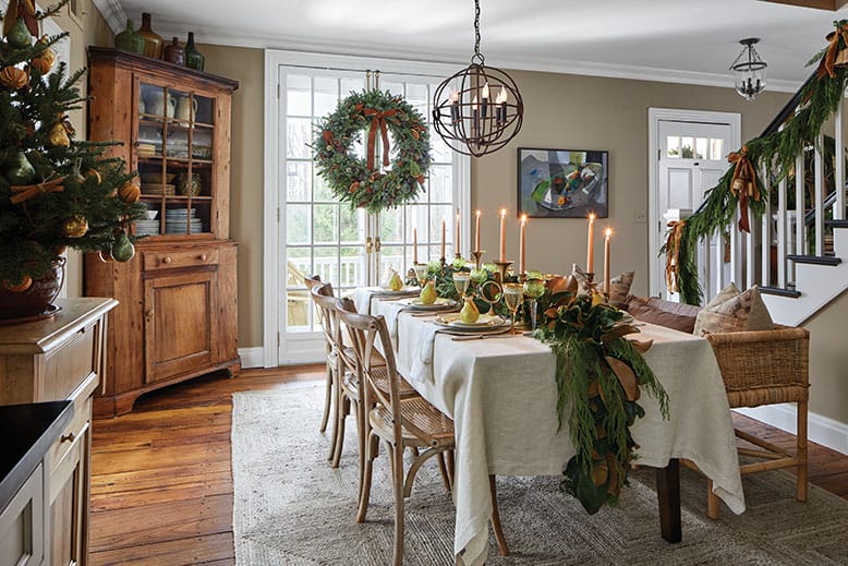 A dining room, decorated for Christmas, in Mendham Township