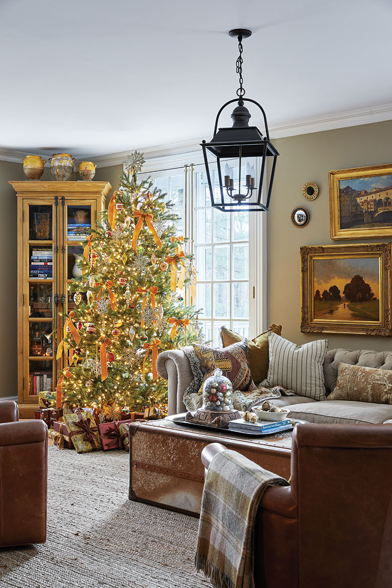 Living room in Mendham Township home with a lit Christmas tree