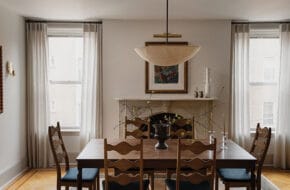 The dining room in a Hoboken brownstone in shades of mushroom grey