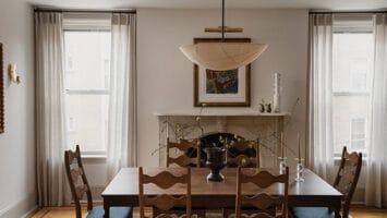 The dining room in a Hoboken brownstone in shades of mushroom grey