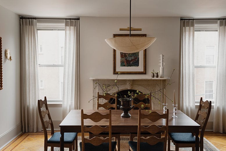 The dining room in a Hoboken brownstone in shades of mushroom grey