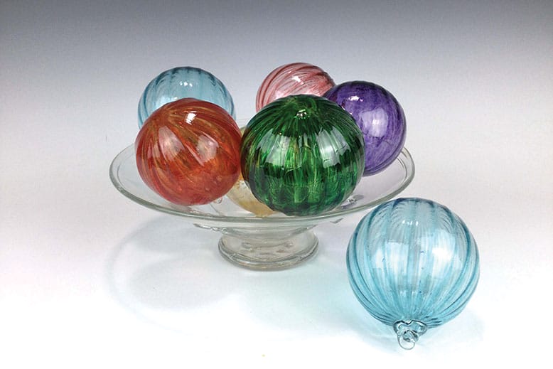 Colorful, fluted blown-glass ornaments from WheatonArts in Millville