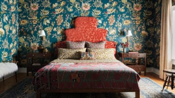 A colorful, heavily patterned bedroom in a Lumberton home