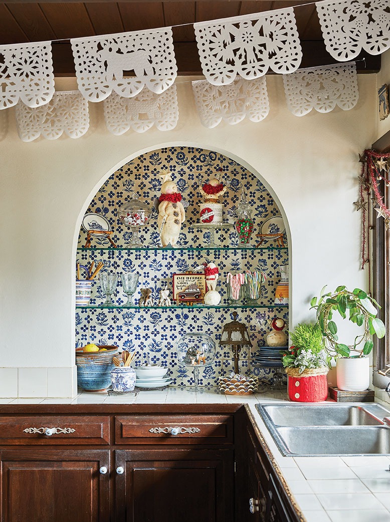Spanish-style kitchen of a Sussex County home, decorated for Christmas