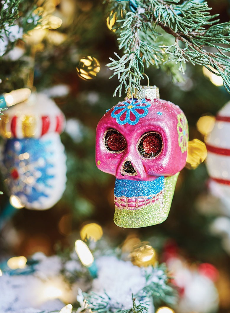 Colorful skull ornament on Christmas tree in Sussex County home