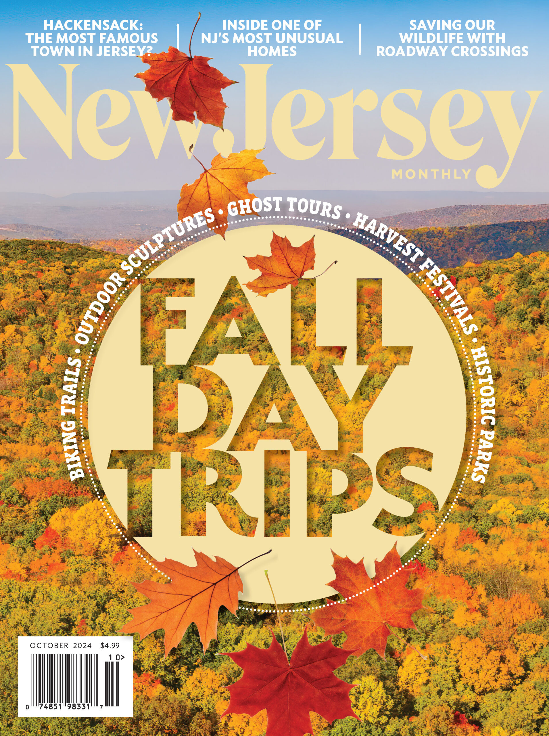 The cover of New Jersey Monthly's October 2024 issue, featuring a drone shot of fall foliage