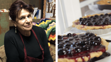 Split photo showing portrait of Evelyn Penza, a woman in her eighties, alongside a photo of hearty blueberry pies