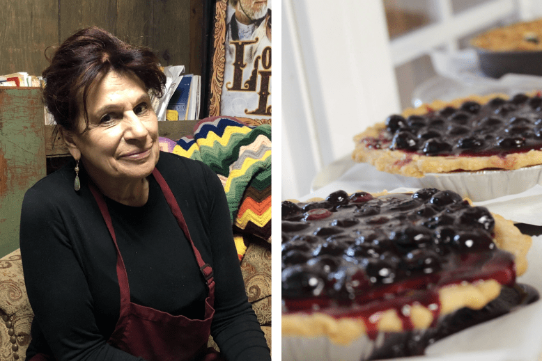Split photo showing portrait of Evelyn Penza, a woman in her eighties, alongside a photo of hearty blueberry pies