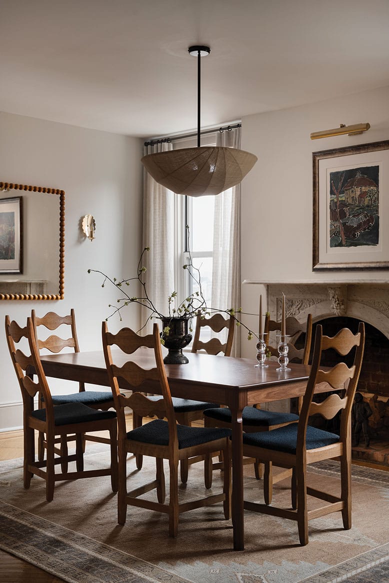 The dining room in a Hoboken brownstone in shades of mushroom grey