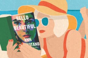 Illustration of woman at beach reading "Hello Beautiful" by Ann Napolitano