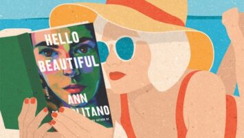 Illustration of woman at beach reading "Hello Beautiful" by Ann Napolitano