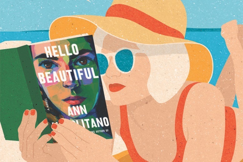 Illustration of woman at beach reading "Hello Beautiful" by Ann Napolitano