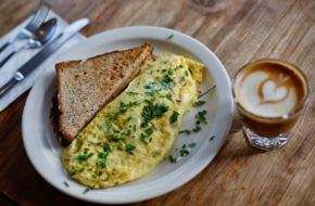 A French omelet with herbs and a side of toast and a cortado at Aunt Chubby's Luncheonette in Hopewell