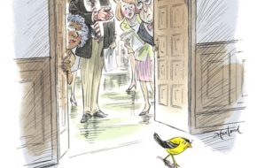 Cartoon illustration of people watching a goldfinch sadly exit a doorway