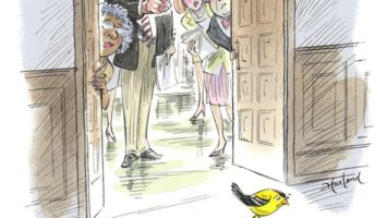 Cartoon illustration of people watching a goldfinch sadly exit a doorway