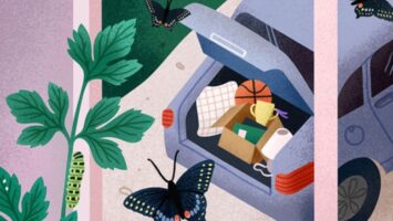 Illustration of caterpillars growing in a bedroom with a window view of a car being packed for college