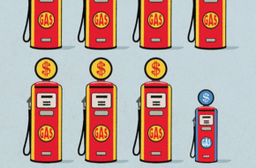 Illustration showing rows of gas pumps lined up, in the style of a slot machine