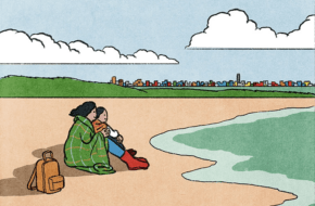 Illustration of mother and son sitting on beach wrapped in blankets