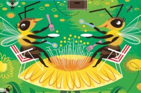 Illustration of two bees sitting in striped chairs atop a flower and snacking on pollen with plates, forks and spoons