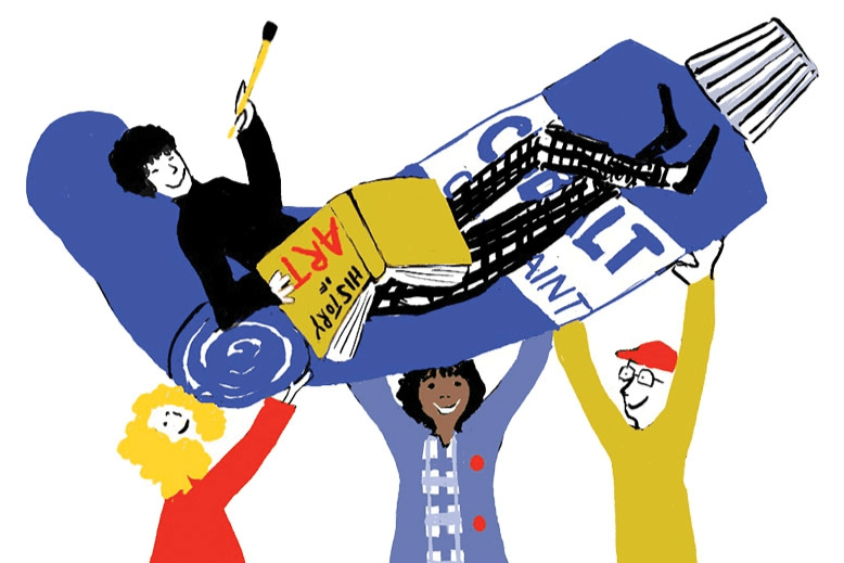 Illustration of three artists holding up an artist who's sprawled out on a cobalt-blue tube of paint and holding a book titled "History of Art"