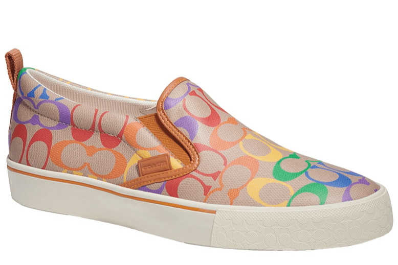 Slip-on sneakers with rainbow-colored Coach pattern