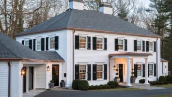 Princeton home with white siding, black shutters and copper accents