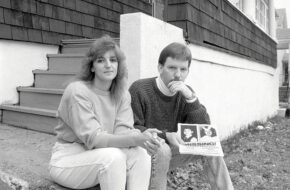 Black-and-white photo of Michelle Lodzinski with James Ryan, a former rescue-squad member who aided in the search for Lodzinski’s son, Timmy Wiltsey, in 1991.
