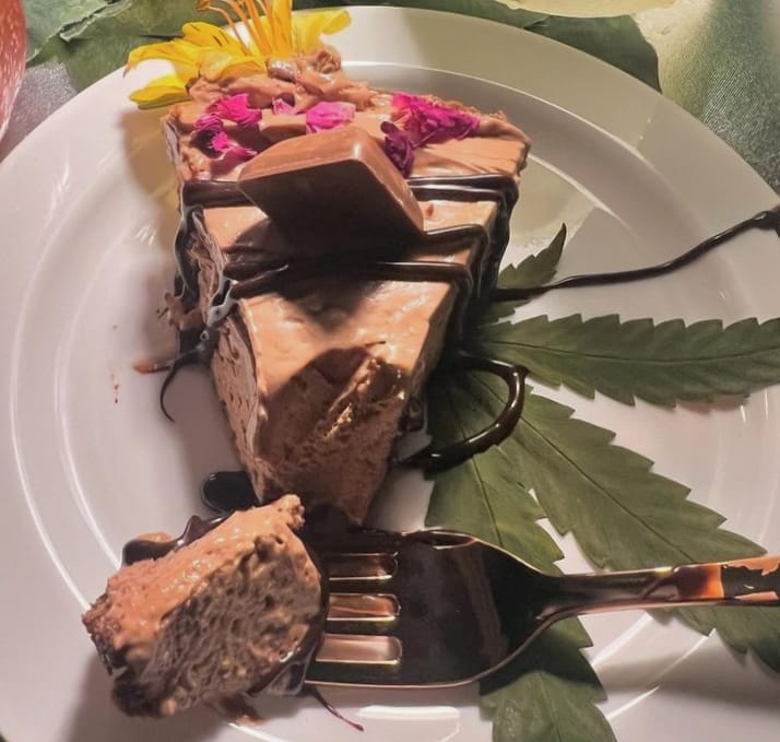 A slice of chocolate-hazelnut-cannabis cheesecake