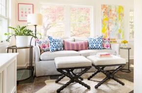 Designer Alexa Ralff's Maplewood neutral sunroom is adorned with colorful accessories