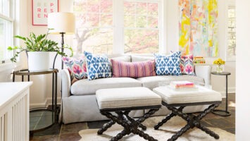 Designer Alexa Ralff's Maplewood neutral sunroom is adorned with colorful accessories
