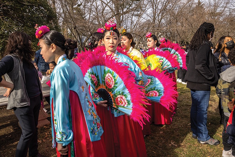 Dancers perform the fan dance at Montclair's Lunar New Year celebration.