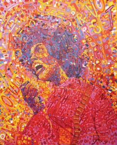 A vibrant, brightly colored painting of activist Angela Davis.