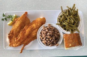 Fried whiting with sides of black-eyed peas, green beans and cornbread at Jameson's Southern Cooking in Neptune.