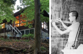 Joint image of an Essex Fells house designed by architect Edward Bowser Jr. and a black-and-white photo of Bowser working in Le Corbusier’s studio in France in 1950