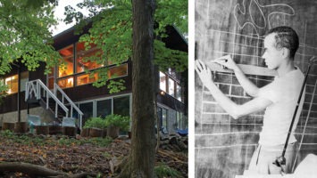 Joint image of an Essex Fells house designed by architect Edward Bowser Jr. and a black-and-white photo of Bowser working in Le Corbusier’s studio in France in 1950