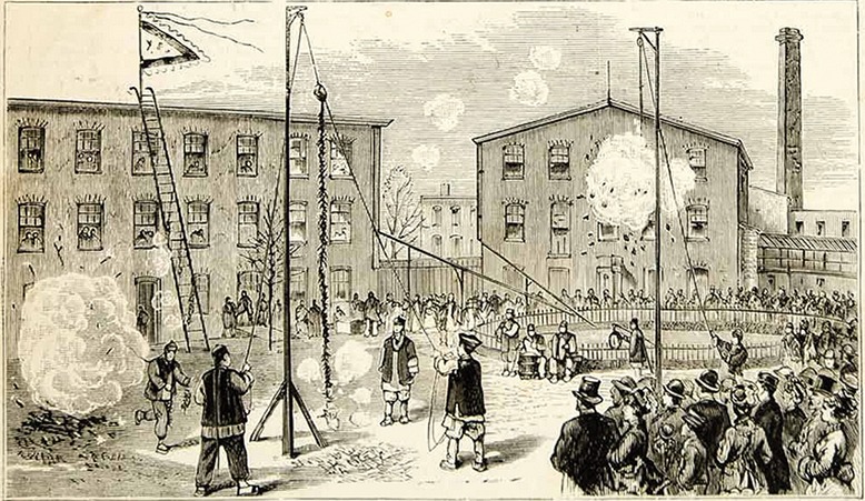 An illustration of Belleville's Chinese New Year in 1876.