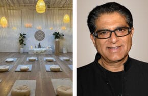 Split image of mats in a meditation room and a headshot of Deepak Chopra