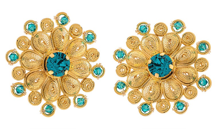 Gold earrings with teal gemstones