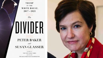 Split photo showing book cover off "The Divider: Trump in the White House, 2017-2021" and a headshot of ç Susan Glasser