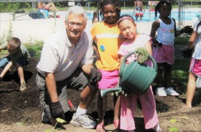 Camp Liberty founder Carmine Tabone with campers at Jersey City's Liberty State Park