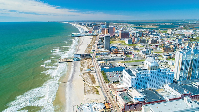 An aerial shot of Atlantic City's Boardwalk.