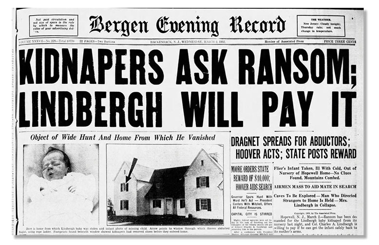 Bergen Evening Record newspaper with Lindbergh kidnapping headline
