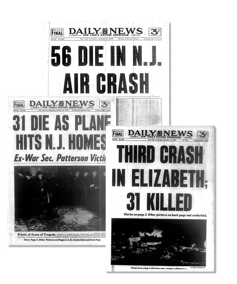 Newspaper headlines showing trio of 1950s Elizabeth plane crashes