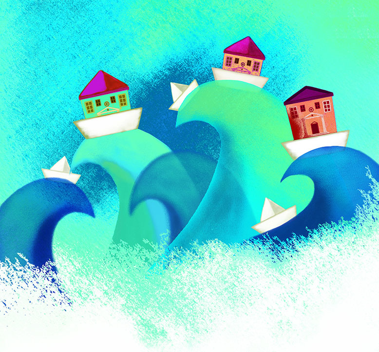 Illustration showing small colleges riding waves