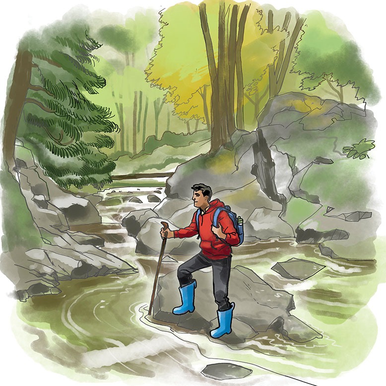 Illustration of hiker holding walking stick and wearing waterproof boots while standing in scenic stream