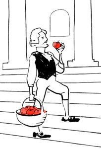 Illustration of Robert Gibbon Johnson standing on the Old Salem County Courthouse steps eating a bushel of tomatoes in 1820
