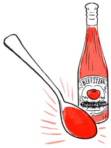Illustration of ketchup bottle and spoon covered in ketchup