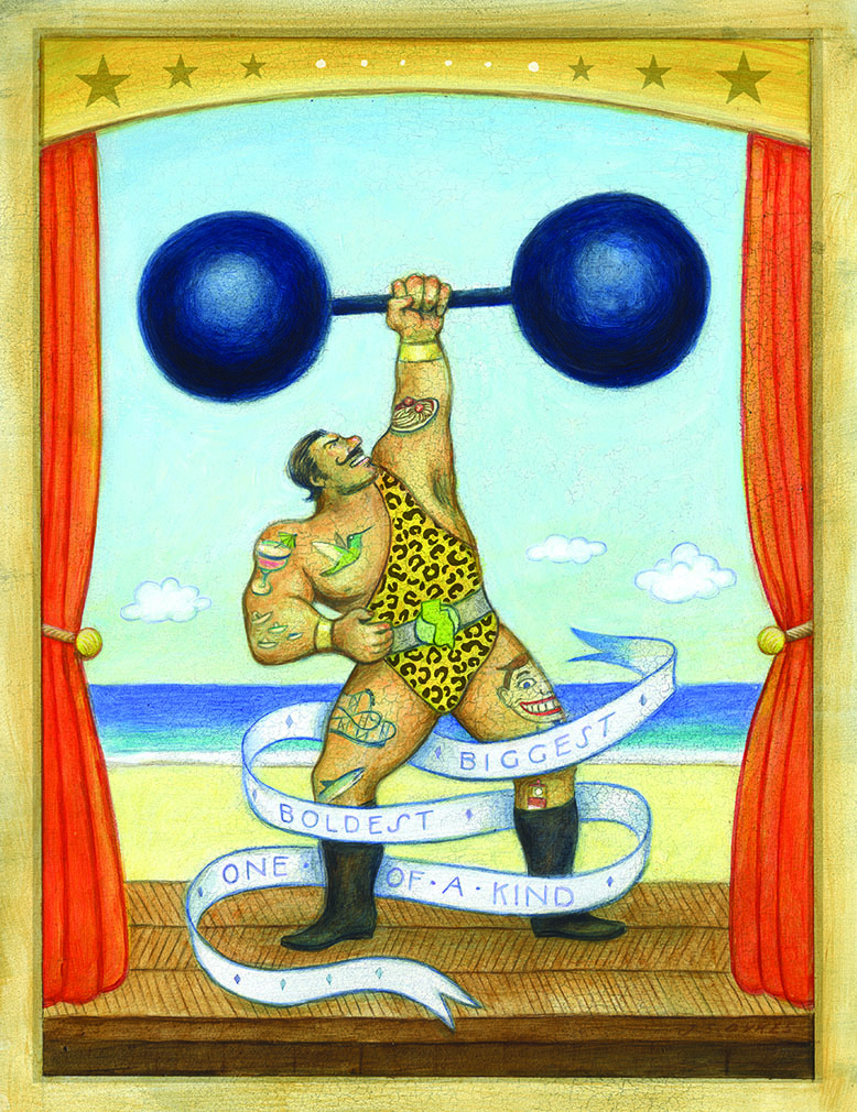 Illustration of man holding giant weight above his head